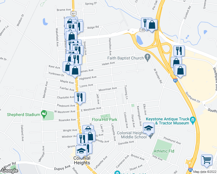 map of restaurants, bars, coffee shops, grocery stores, and more near 416 Moorman Avenue in Colonial Heights
