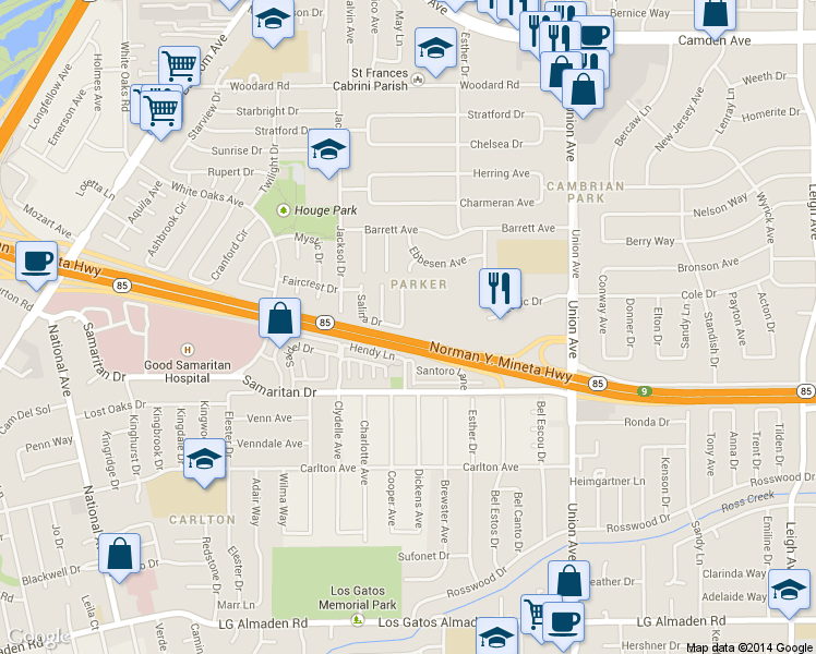 map of restaurants, bars, coffee shops, grocery stores, and more near 4656 Marbella Court in San Jose