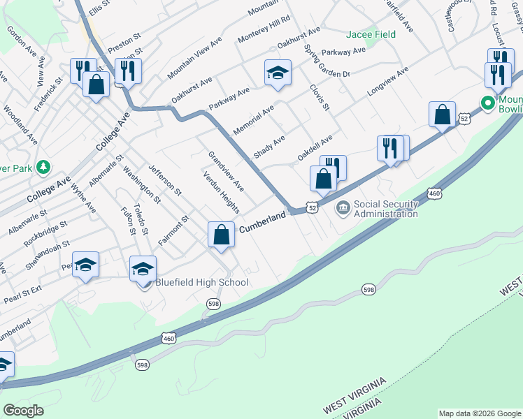 map of restaurants, bars, coffee shops, grocery stores, and more near 124 W Cumberland Rd in Bluefield