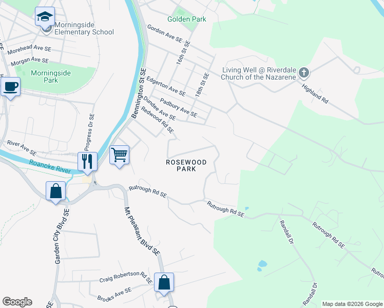 map of restaurants, bars, coffee shops, grocery stores, and more near 1923 Redwood Road Southeast in Roanoke
