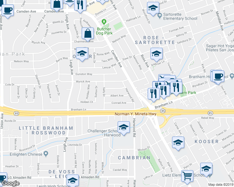 map of restaurants, bars, coffee shops, grocery stores, and more near 1779 Albert Avenue in San Jose