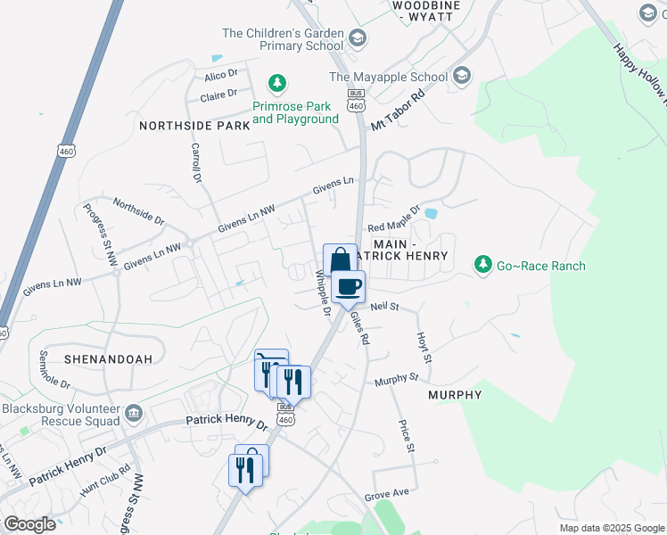 map of restaurants, bars, coffee shops, grocery stores, and more near 1610 Whipple Drive in Blacksburg