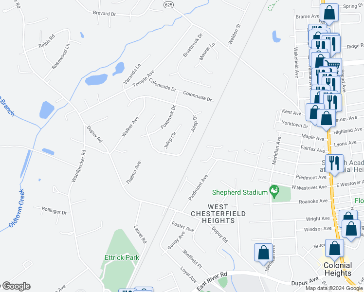 map of restaurants, bars, coffee shops, grocery stores, and more near 3515 Julep Drive in Colonial Heights