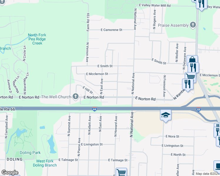 map of restaurants, bars, coffee shops, grocery stores, and more near 1033 East Villa Marie Street in Springfield