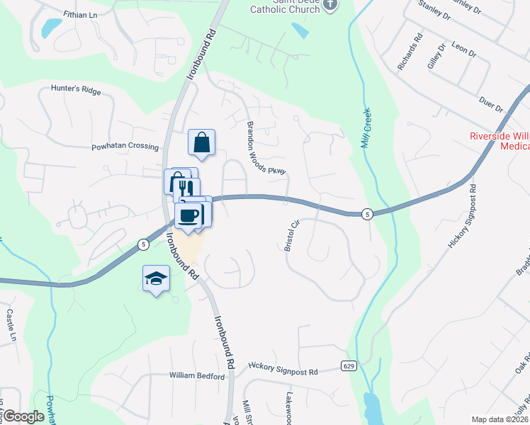 map of restaurants, bars, coffee shops, grocery stores, and more near 4655 John Tyler Highway in Williamsburg
