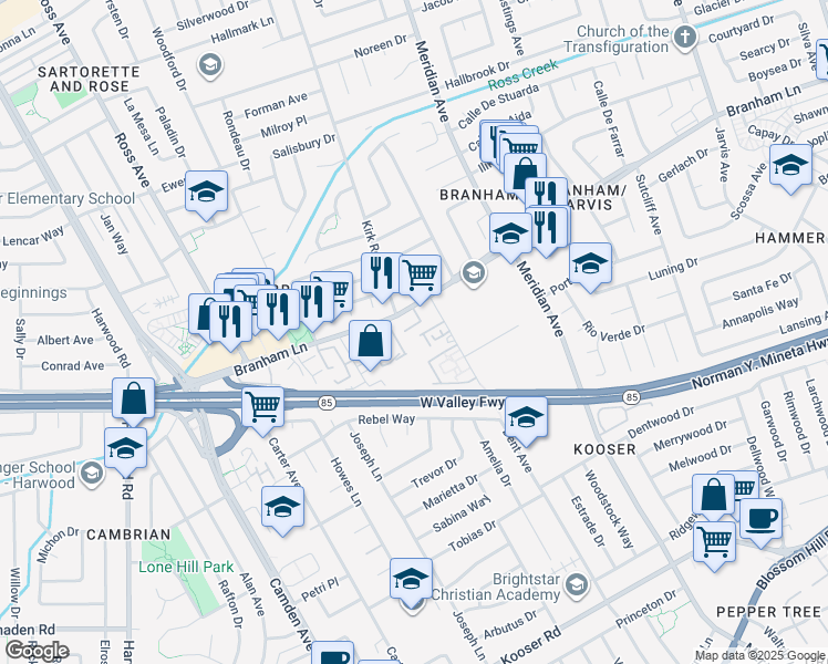 map of restaurants, bars, coffee shops, grocery stores, and more near 1612 Branham Lane in San Jose