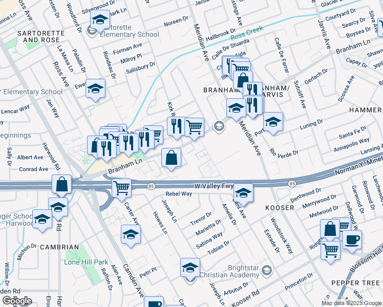 map of restaurants, bars, coffee shops, grocery stores, and more near 1612 Branham Lane in San Jose