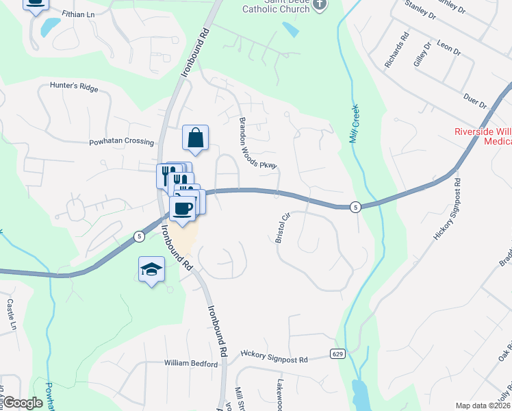 map of restaurants, bars, coffee shops, grocery stores, and more near 4655 John Tyler Highway in Williamsburg