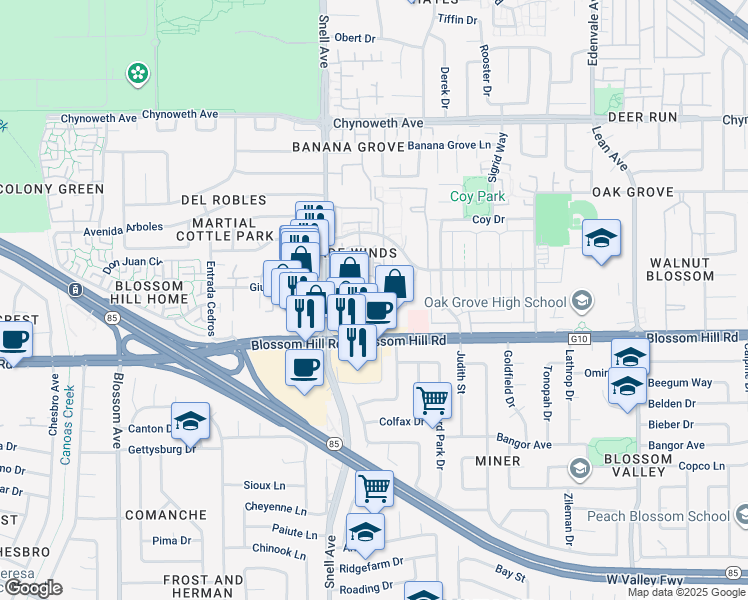 map of restaurants, bars, coffee shops, grocery stores, and more near 5493 Sean Circle in San Jose