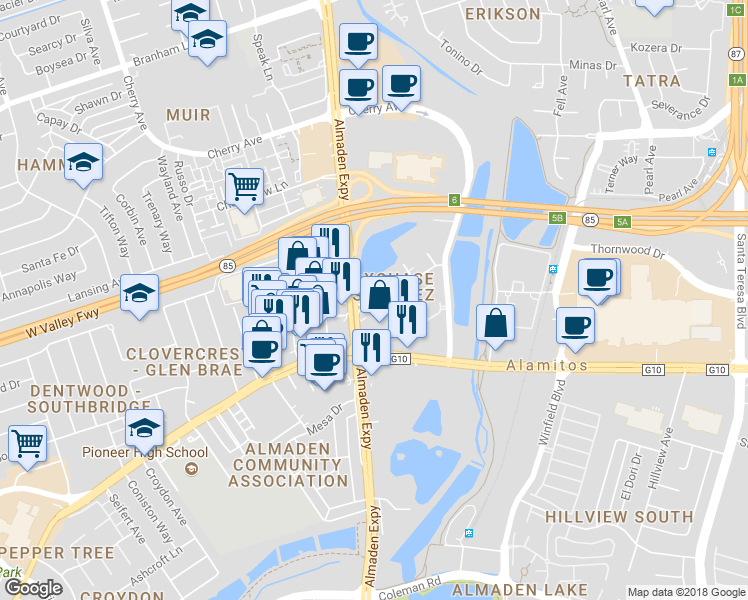 map of restaurants, bars, coffee shops, grocery stores, and more near 5510 Foxchase Drive in San Jose