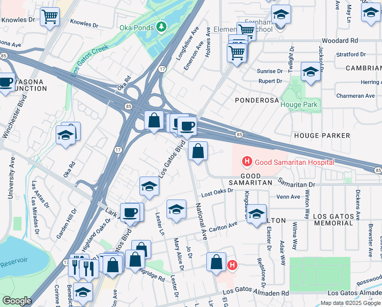map of restaurants, bars, coffee shops, grocery stores, and more near 2550 Samaritan Drive in San Jose