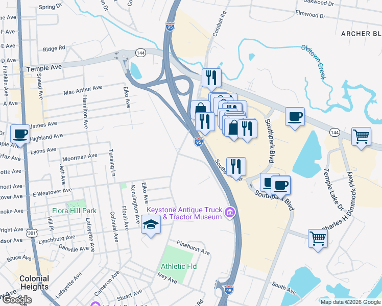 map of restaurants, bars, coffee shops, grocery stores, and more near 1107 West Roslyn Road in Colonial Heights