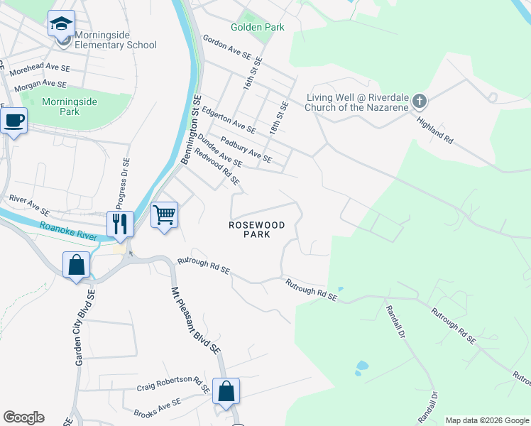 map of restaurants, bars, coffee shops, grocery stores, and more near 1923 Redwood Road Southeast in Roanoke