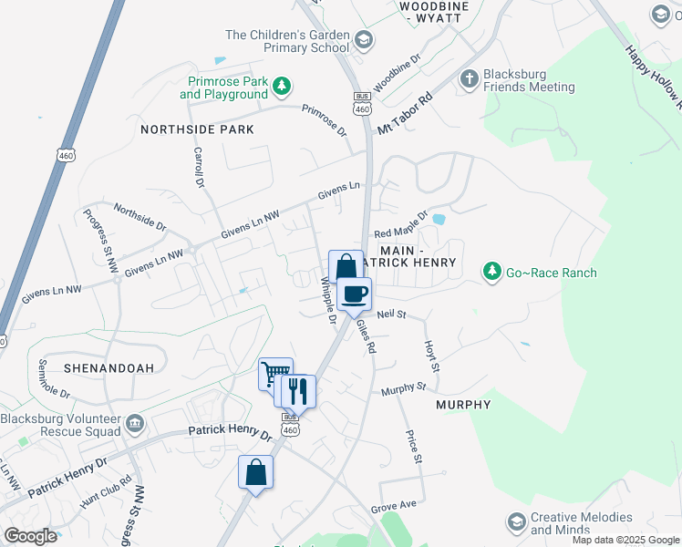 map of restaurants, bars, coffee shops, grocery stores, and more near 1610 Whipple Drive in Blacksburg