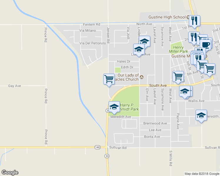 map of restaurants, bars, coffee shops, grocery stores, and more near 602 Jensen Road in Gustine