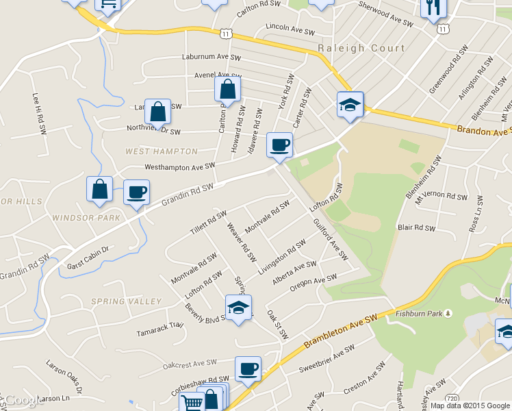 map of restaurants, bars, coffee shops, grocery stores, and more near 2456 Tillett Road Southwest in Roanoke