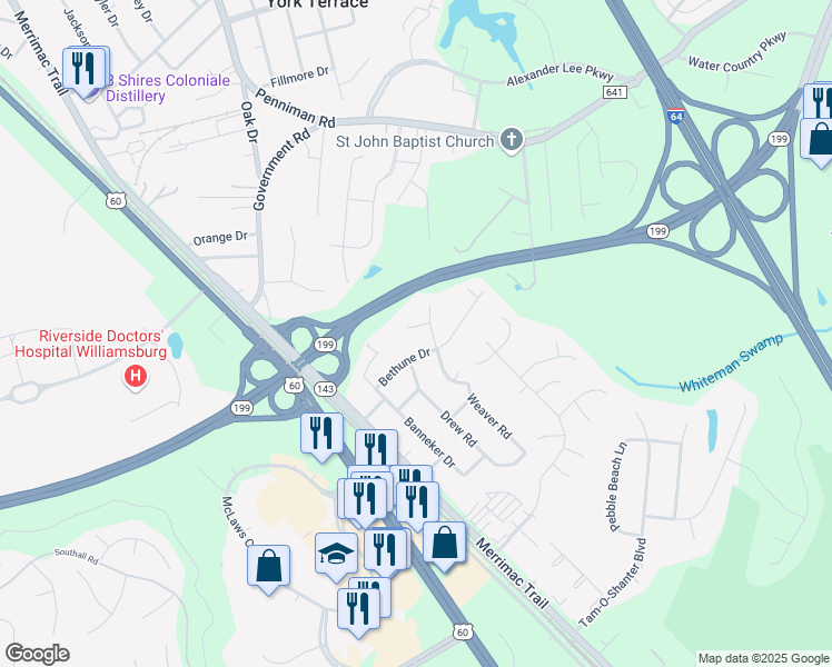 map of restaurants, bars, coffee shops, grocery stores, and more near 102 Park Circle in Williamsburg