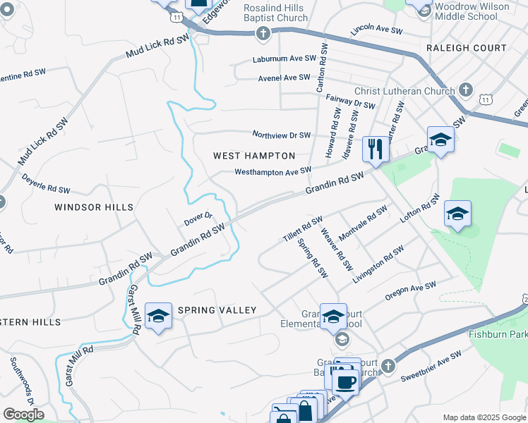 map of restaurants, bars, coffee shops, grocery stores, and more near 2708 Grandin Road Southwest in Roanoke