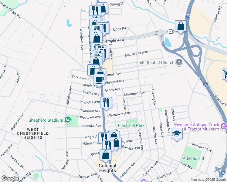 map of restaurants, bars, coffee shops, grocery stores, and more near 210 Moorman Avenue in Colonial Heights