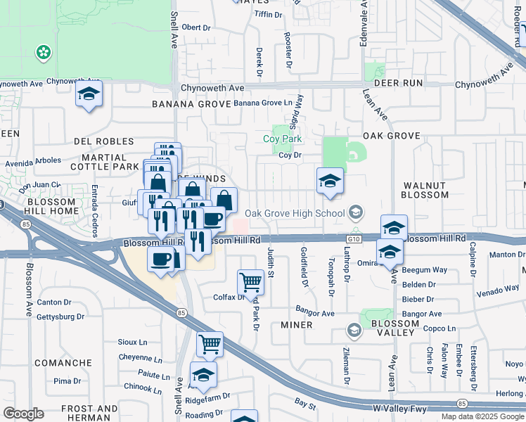 map of restaurants, bars, coffee shops, grocery stores, and more near 5558 Judith Street in San Jose