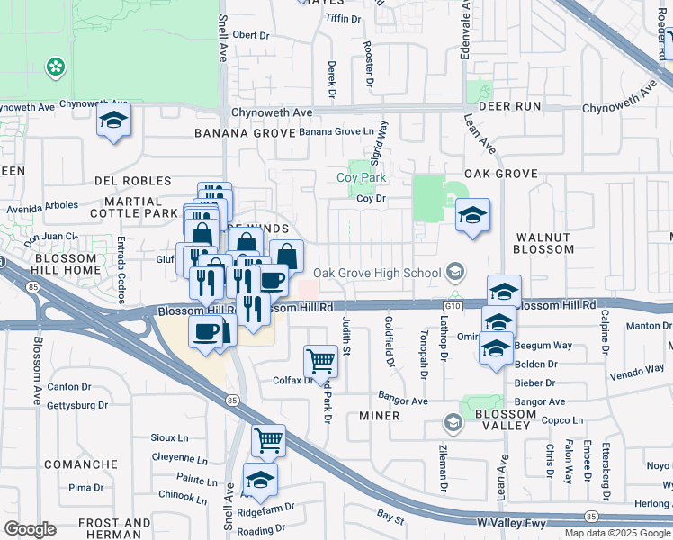 map of restaurants, bars, coffee shops, grocery stores, and more near 5558 Judith Street in San Jose