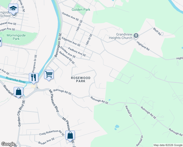 map of restaurants, bars, coffee shops, grocery stores, and more near 1985 Redwood Road Southeast in Roanoke