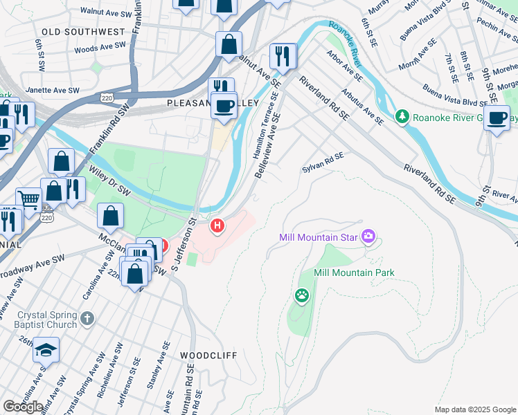 map of restaurants, bars, coffee shops, grocery stores, and more near 1630 Belleview Avenue Southeast in Roanoke