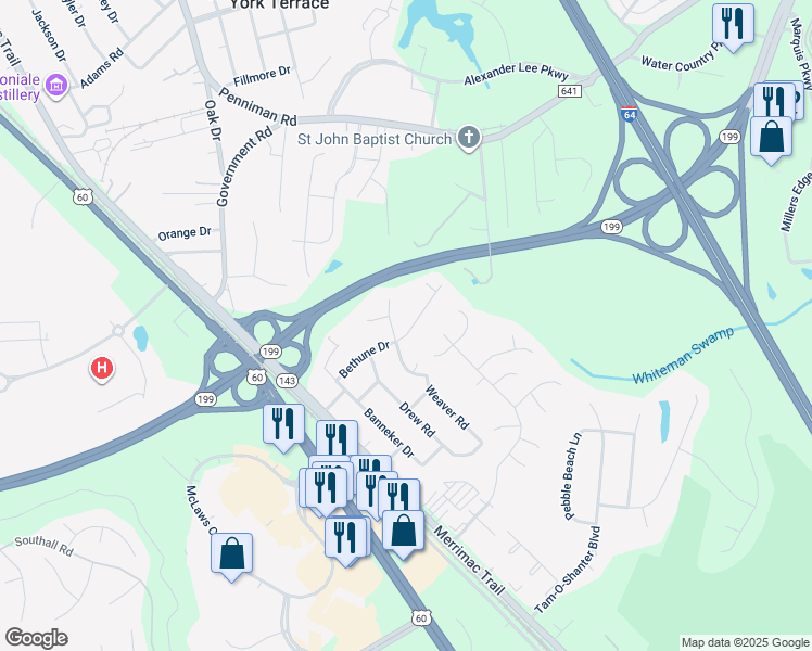 map of restaurants, bars, coffee shops, grocery stores, and more near 202 Bethune Drive in Williamsburg