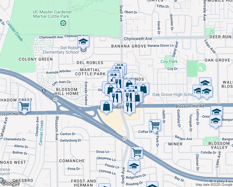 map of restaurants, bars, coffee shops, grocery stores, and more near 512 Giuffrida Avenue in San Jose
