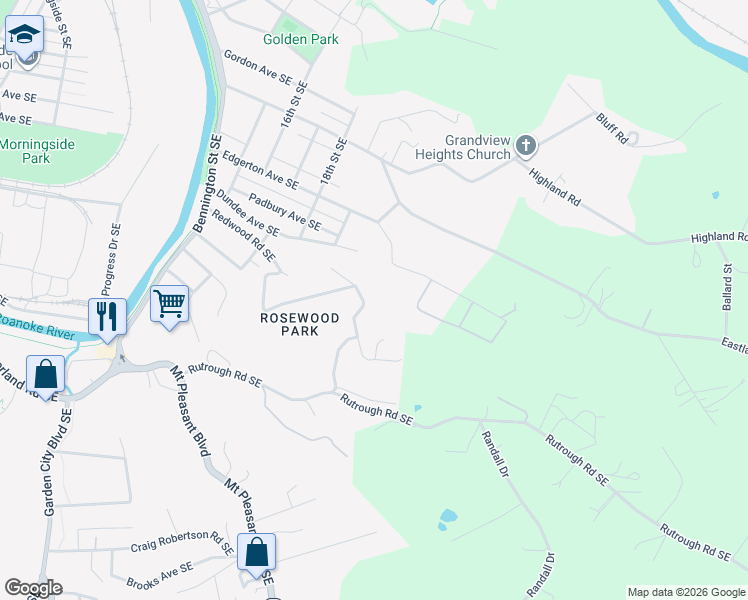 map of restaurants, bars, coffee shops, grocery stores, and more near 2020 Plateau Road Southeast in Roanoke