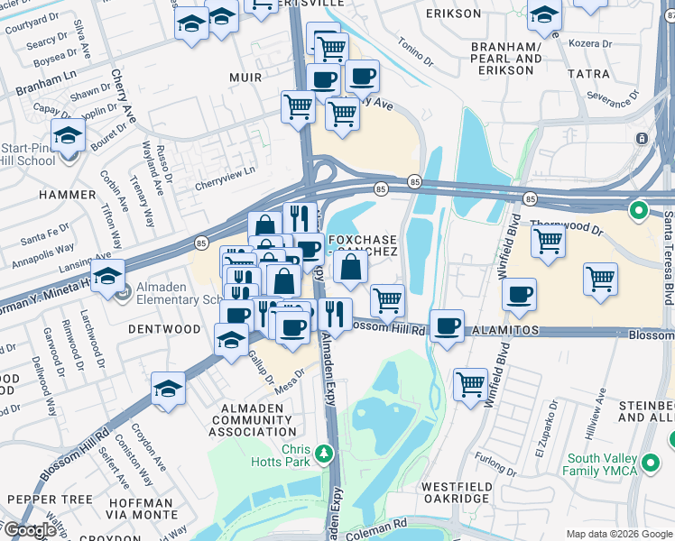 map of restaurants, bars, coffee shops, grocery stores, and more near 5510 Foxchase Drive in San Jose