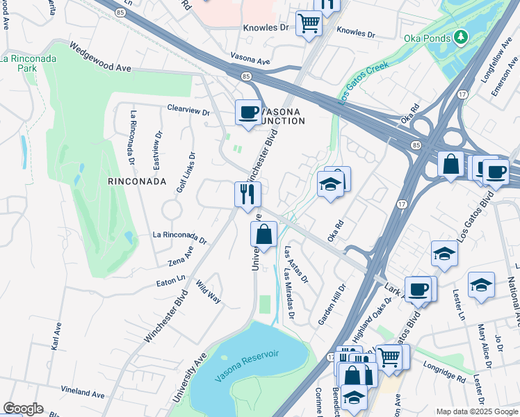 map of restaurants, bars, coffee shops, grocery stores, and more near 1515 University Avenue in Los Gatos