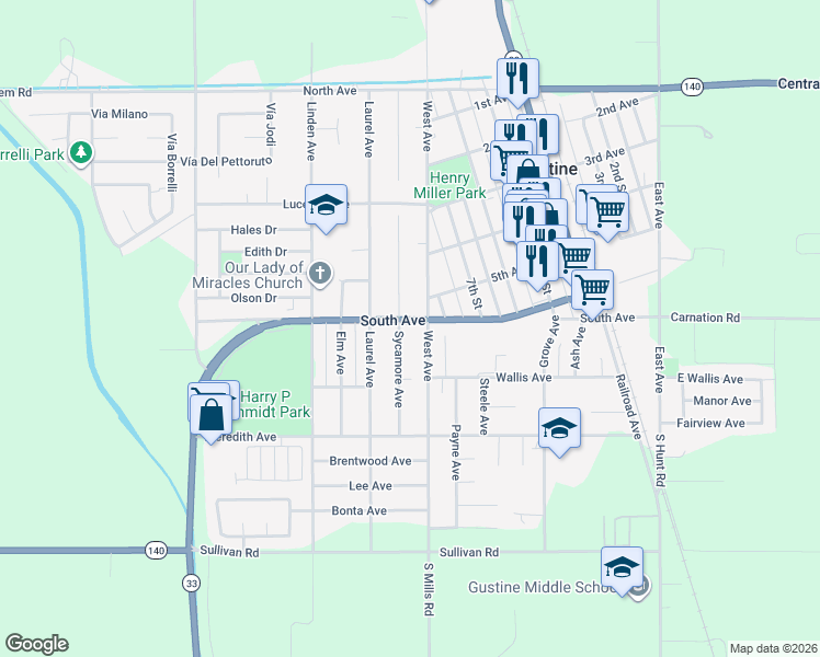 map of restaurants, bars, coffee shops, grocery stores, and more near 657 West Avenue in Gustine