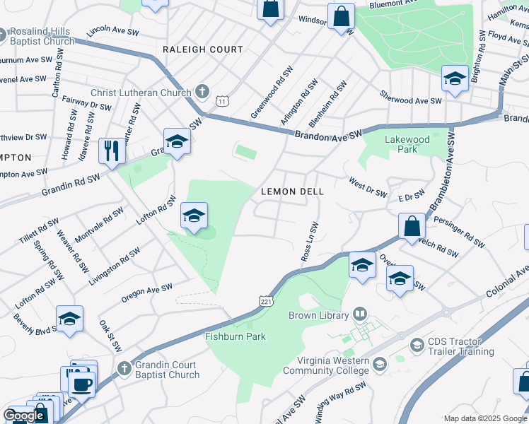 map of restaurants, bars, coffee shops, grocery stores, and more near 1719 Wilbur Road Southwest in Roanoke