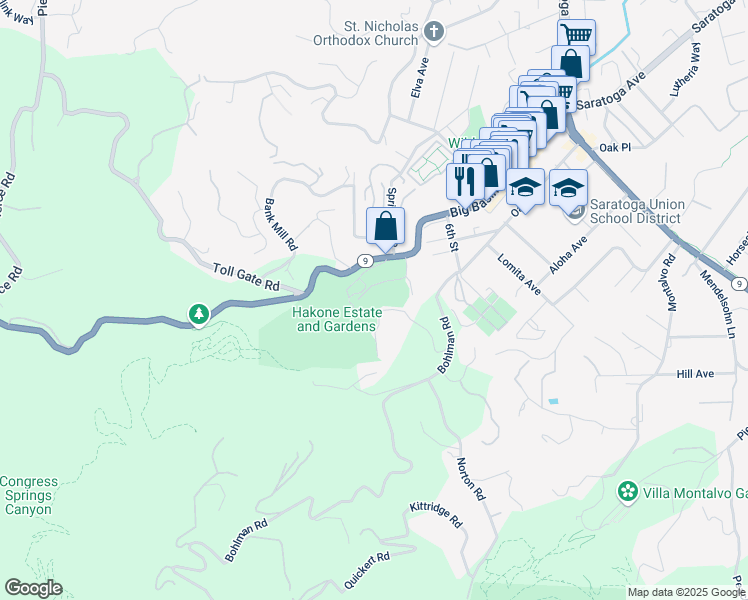 map of restaurants, bars, coffee shops, grocery stores, and more near 20927 Jacks Road in Saratoga