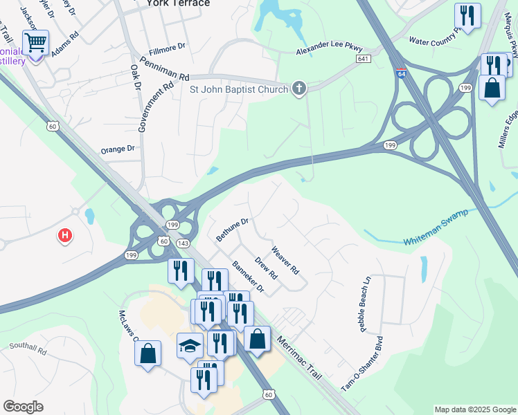 map of restaurants, bars, coffee shops, grocery stores, and more near 202 Bethune Drive in Williamsburg