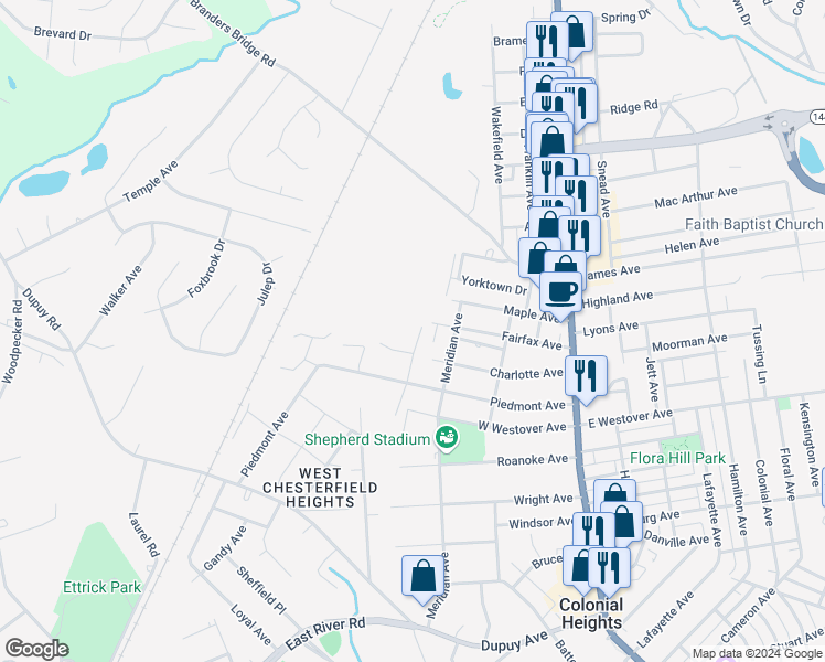 map of restaurants, bars, coffee shops, grocery stores, and more near 16904 Potts Street in Colonial Heights