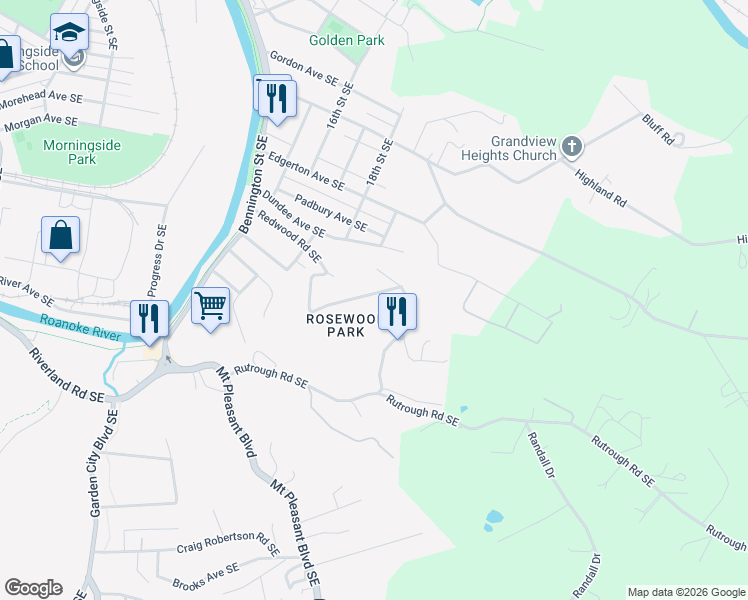 map of restaurants, bars, coffee shops, grocery stores, and more near 1985 Redwood Road Southeast in Roanoke