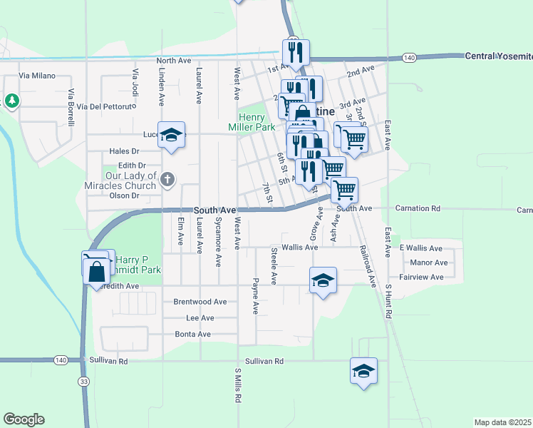 map of restaurants, bars, coffee shops, grocery stores, and more near 780 South Avenue in Gustine