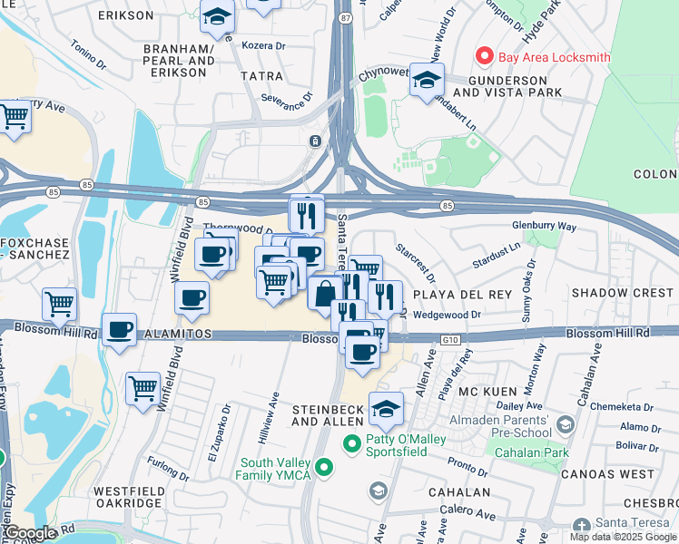 map of restaurants, bars, coffee shops, grocery stores, and more near Santa Teresa Boulevard & Thornwood Drive in San Jose
