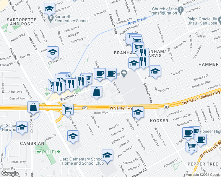 map of restaurants, bars, coffee shops, grocery stores, and more near 1602-1628 Branham Lane in San Jose