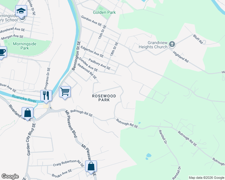 map of restaurants, bars, coffee shops, grocery stores, and more near 1985 Redwood Road Southeast in Roanoke