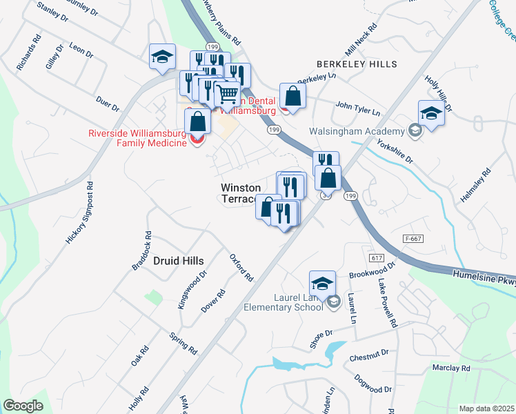 map of restaurants, bars, coffee shops, grocery stores, and more near 163 Winston Drive in Williamsburg