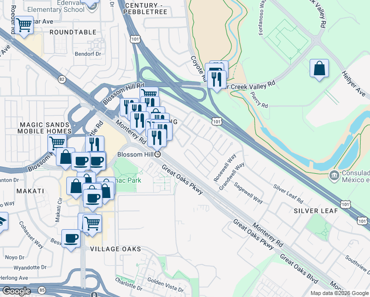 map of restaurants, bars, coffee shops, grocery stores, and more near 5533 Sun Spring Circle in San Jose