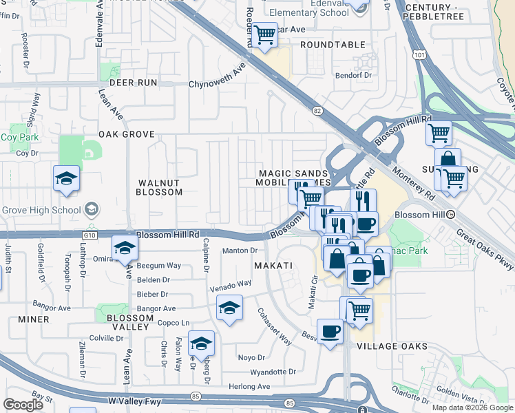 map of restaurants, bars, coffee shops, grocery stores, and more near 165 Blossom Hill Road in San Jose
