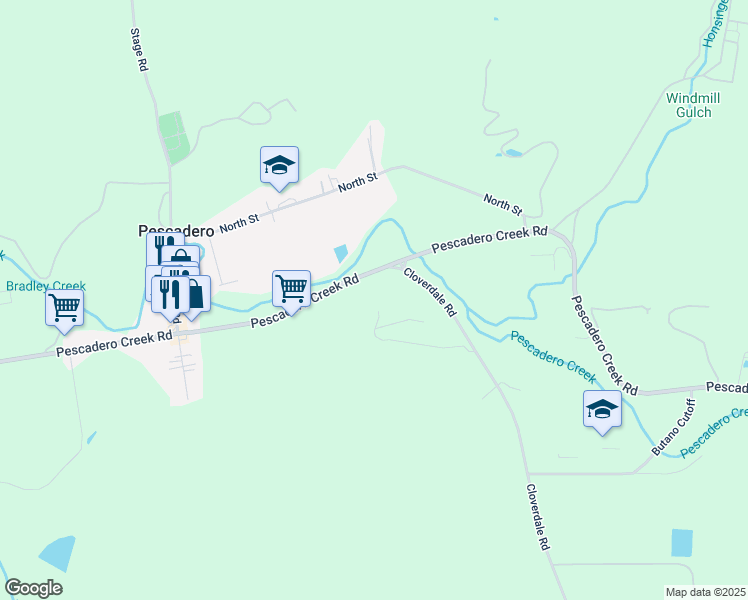 map of restaurants, bars, coffee shops, grocery stores, and more near 5677 Cloverdale Road in Pescadero