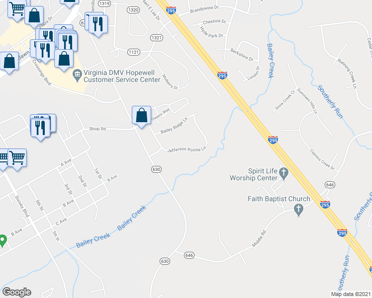 map of restaurants, bars, coffee shops, grocery stores, and more near 4450 Jefferson Pointe Lane in Prince George