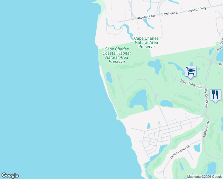 map of restaurants, bars, coffee shops, grocery stores, and more near 115 Aberdeen Way in Cape Charles