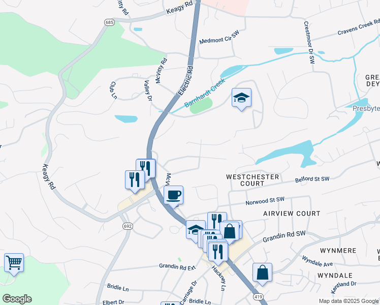 map of restaurants, bars, coffee shops, grocery stores, and more near 5013 Keithwood Drive Southwest in Roanoke