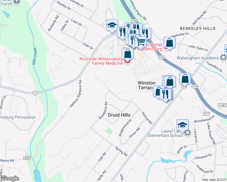 map of restaurants, bars, coffee shops, grocery stores, and more near 220 Oxford Road in Williamsburg